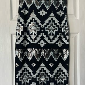 Express Black Pencil Skirt with Silver Sequin Geometric Pattern